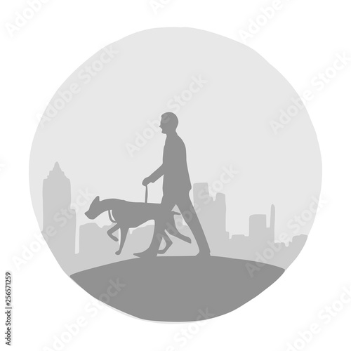 silhouette man and his dog with cityscape vector illustration with black lines isolated on white background. shade of grays.