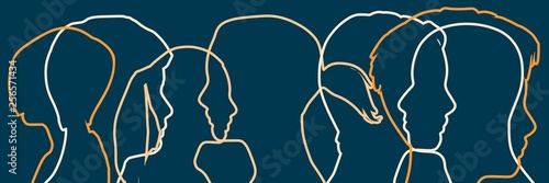 Social media network. Outline human silhouettes. Overlay heads. Digital, interactive and global communication concept.