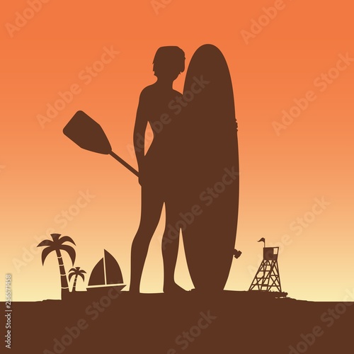 Woman posing with surfboard and paddle on grunge brush stroke. Vintage surfing graphic and emblem for web design or print. Palm and lifeguard tower on backdrop. Stand up paddle boarding