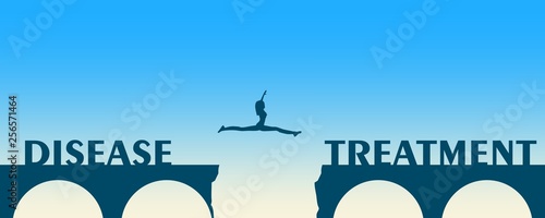 Attractive young woman jumping over a gap in the bridge. From disease to treatment medicine concept