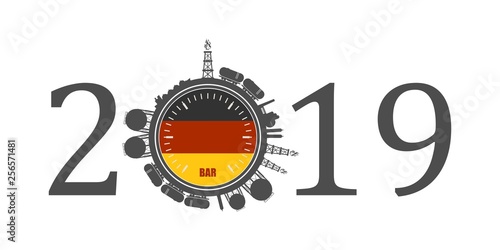 Circle with energy relative silhouettes. Design set of natural gas industry. Objects located around the manometer circle. 2019 year number. Flag of the Germany