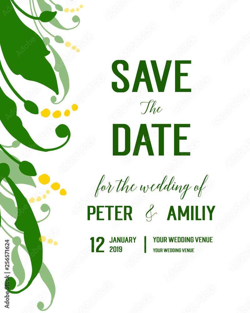 Fototapeta premium Vector illustration style leaf yellow floral frame with lettering save the date