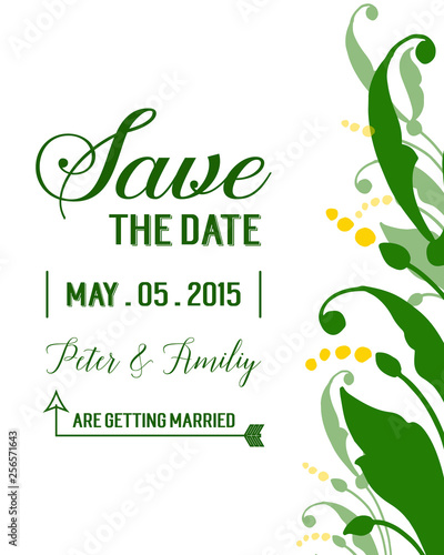 Vector illustration style leaf yellow floral frame with lettering save the date