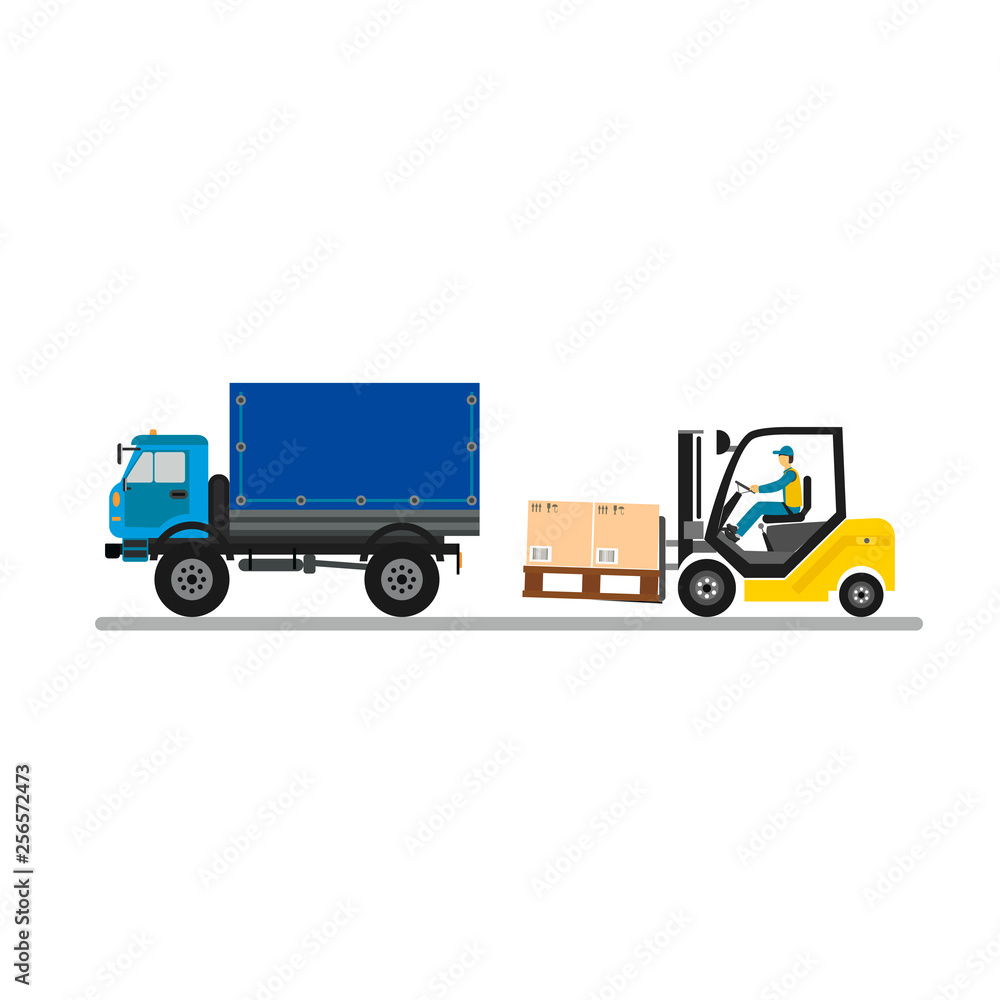 Delivery services concept. Delivery truck. Vector illustration. Forklift. Courier loads the boxes in the truck. Car for parcel delivery.
