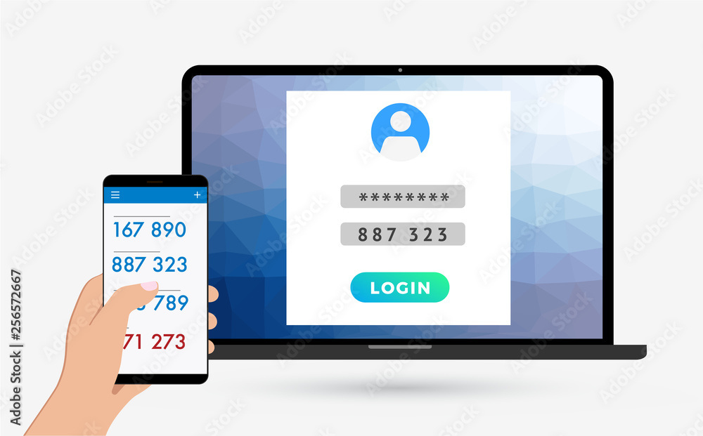2-step authentication, two steps Verification SMS code password concept. Secure and reliable access to the network. Hand with phone, laptop with login form vector illustration. 2-step authentication, two steps Verification SMS code password concept. Secure and reliable access to the network. Hand with phone, laptop with login form vector illustration.
