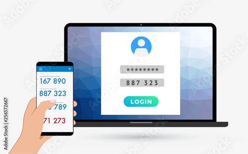 2-step authentication, two steps Verification SMS code password concept. Secure and reliable access to the network. Hand with phone, laptop with login form vector illustration.