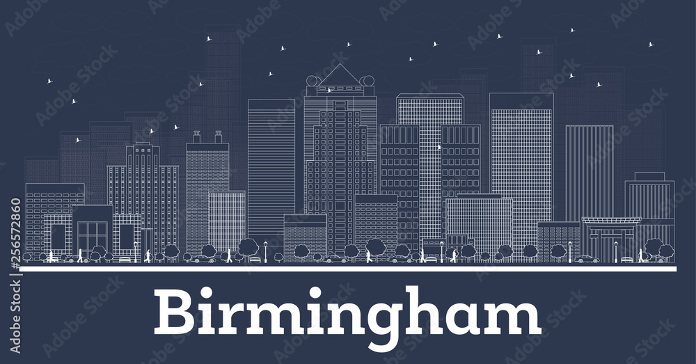 Outline Birmingham Alabama City Skyline with White Buildings.