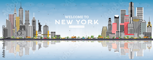 Welcome to New York USA Skyline with Gray Buildings, Blue Sky and Reflections.