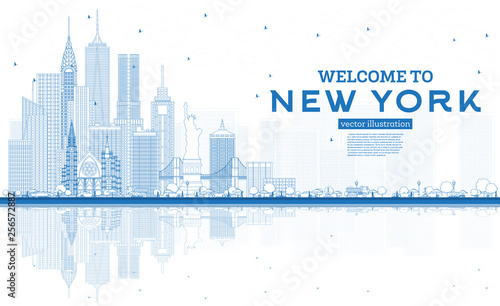 Outline Welcome to New York USA Skyline with Blue Buildings and Reflections.
