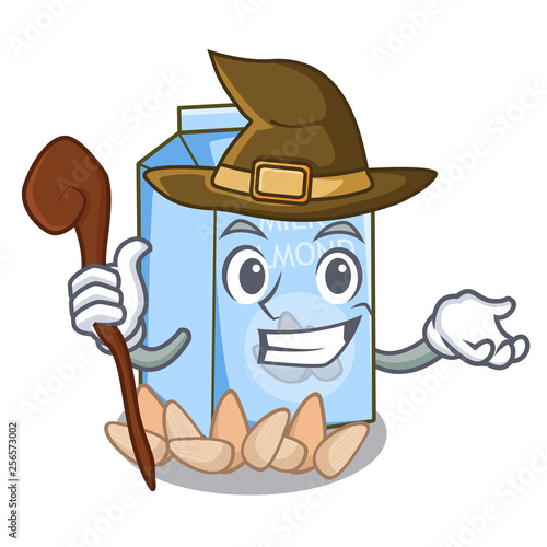 Witch almond milk in the cartoon bottle