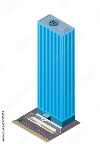 Isometric modern skyscraper with car and parking area