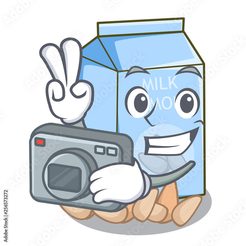 Photographer almond milk in the cartoon bottle
