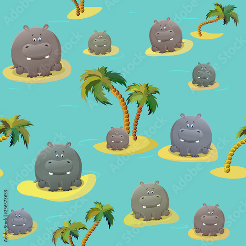 Vector seamless pattern with hoppo (hippopotamus) and palm trees. Cute fat cartoon character. The concept of fun design for clothing and interior. Simple comic animal personage. photo