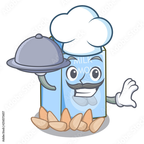 Chef with food almond milk in the cartoon bottle