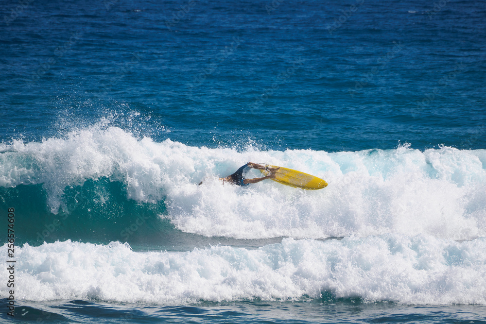 Obraz premium Surfer fall. Big wave. Atlantic Ocean.