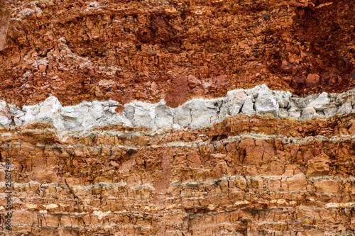  texture of different layers of clay underground in  clay quarry after geological study of soil.