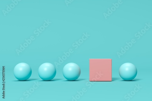 outstanding pink box among blue spheres on blue background. minimal concept idea