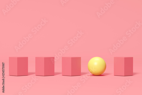 ourstanding yellow sphere among pink boxes on pink background. minimal concept idea photo
