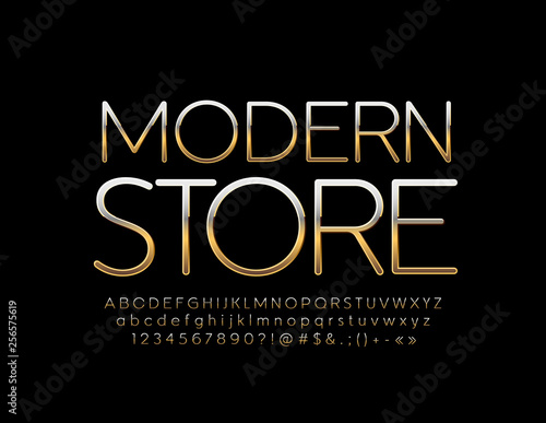Vector Golden bright Font with emblem Modern Store. Luxury Alphabet Letters set. 