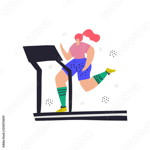 Woman jogging on treadmill hand drawn illustration