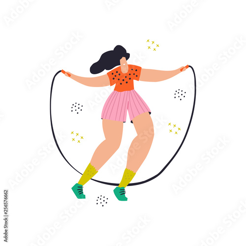 Girl jump with skipping rope flat color drawing