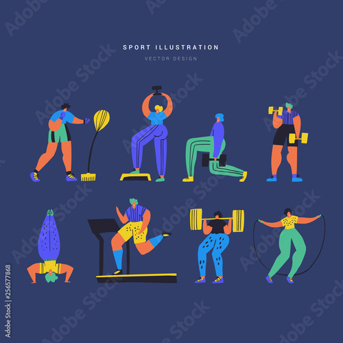 Fitness workout hand drawn color illustration set