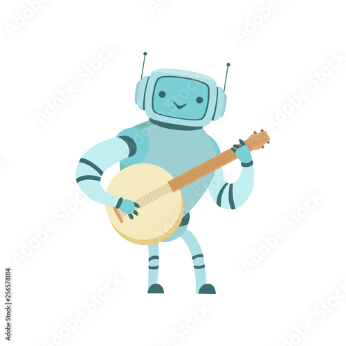 Cute Robot Musician Playing Banjo Musical Instrument Vector Illustration
