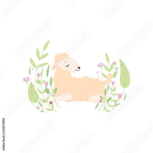 Adorable Little Lamb  Cute Sheep Animal Lying on Beautiful Spring Meadow Vector Illustration