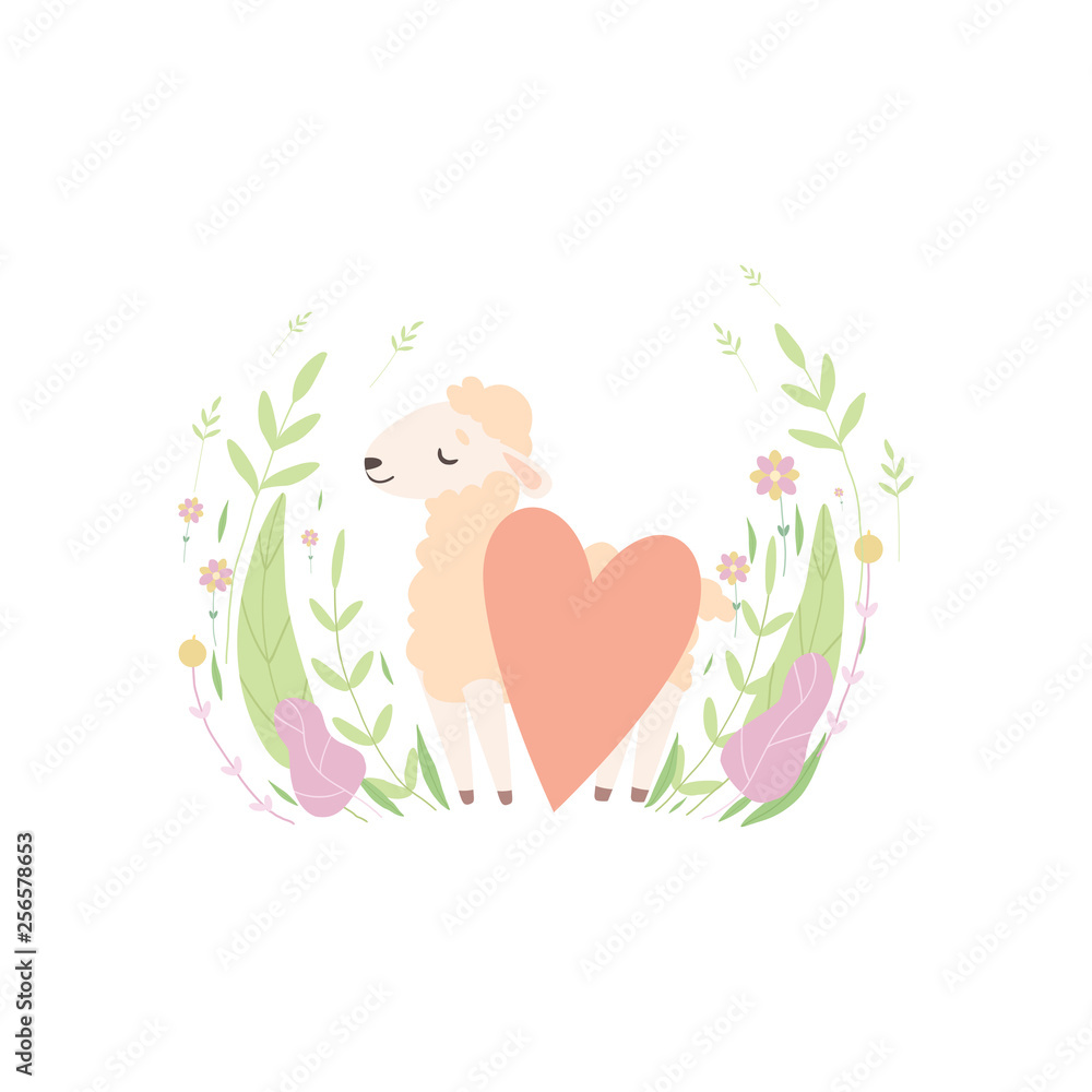 Cute Little Lamb with Red Heart, Adorable Sheep Animal on Spring Meadow Vector Illustration
