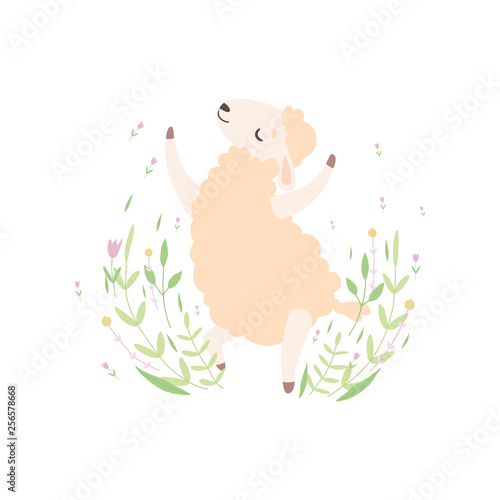 Cute Little Lamb Jumping Happily, Adorable Sheep Animal on Spring Meadow Vector Illustration
