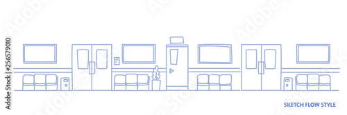 empty hospital clinic hall with seats and door empty no people corridor interior sketch doodle horizontal banner