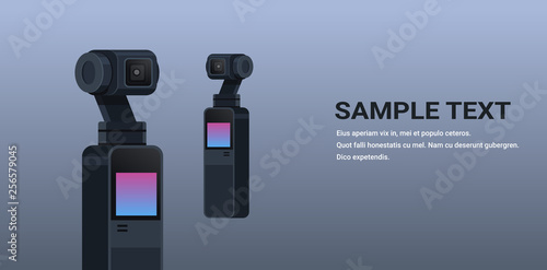gimbal camera take a photo movie or video equipment concept different angle view gray background copy space horizontal flat