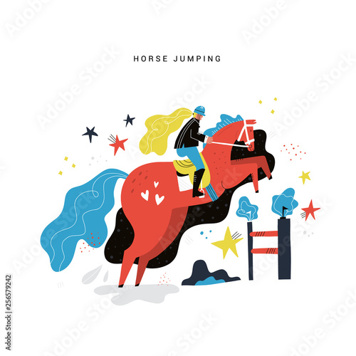 Horse riding flat hand drawn illustration