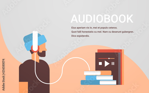 casual man listening audiobook through headphones bearded guy using digital technology audio book male cartoon character portrait flat horizontal copy space