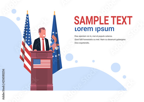 man president of the United States speaks at general political discussion podium speaker tribune with USA national flag politics concept male leader portrait flat horizontal copy space vector