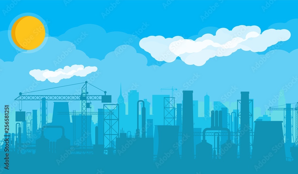 Panoramic industrial silhouette landscape. Smoking factory pipes. Plant pipes, sky with sun. Carbon dioxide emissions. Environment contamination. Pollution of environment co2. Vector illustration