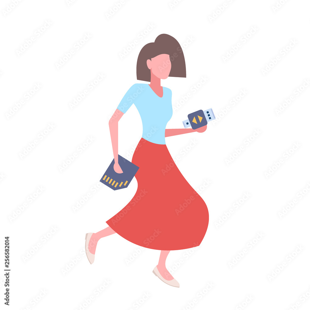 woman holding usb flash drive adapter sd memory card female cartoon character full length flat isolated woman holding usb flash drive adapter sd memory card female cartoon character full length flat isolated