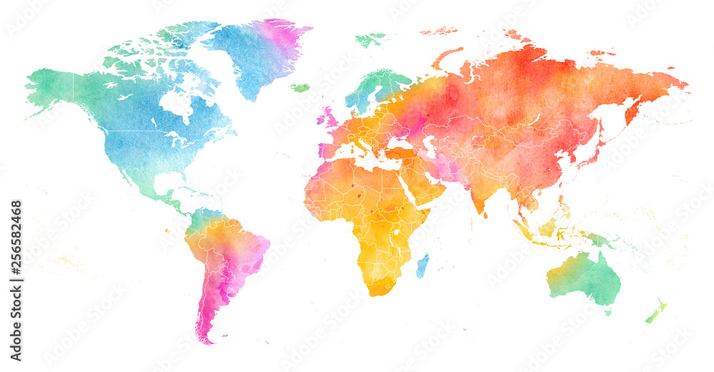 Obraz premium Wysoka szczegółowa wielobarwna akwarela świata mapa z granicami.