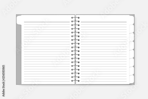 Open spiral notebook with tab dividers, vector mockup. Wire bound diary with white lined pages, template