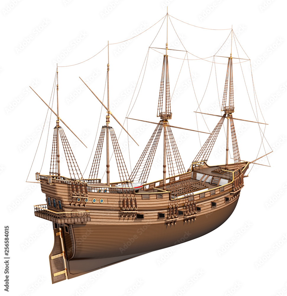 Naklejka premium Żaglowiec drewniany stary statek. 3d ilustracja na białym tle
