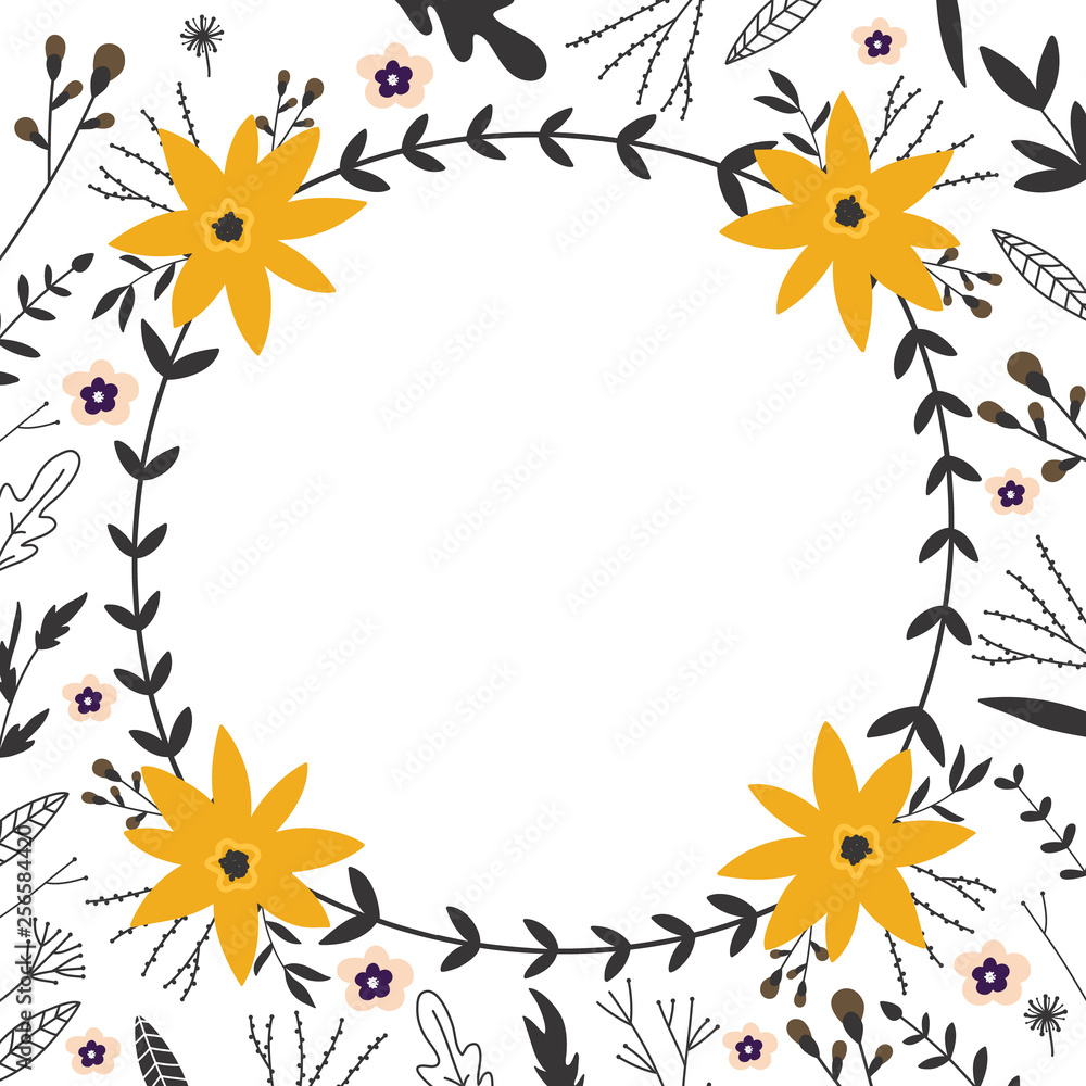 Frame of different flowers, leaves and florals. Hand drawn elements, vector illustration for print.