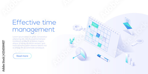Effective time management isometric vector illustration. Task prioritizing organization for effective  productivity. Job schedule optimization concept. Web banner layout template.