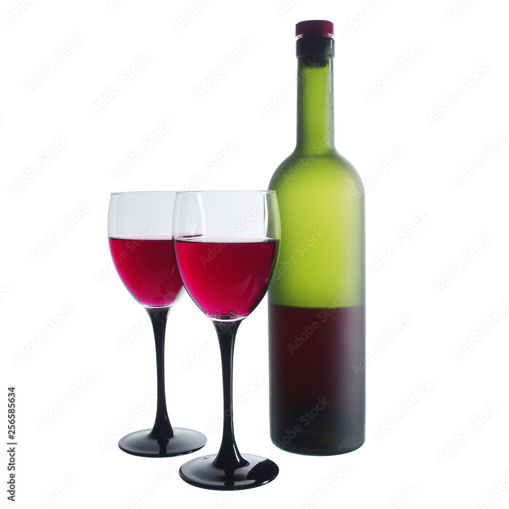 Wine in bottles and in glasses on a white background. Wine in bottles and in glasses on a white background.