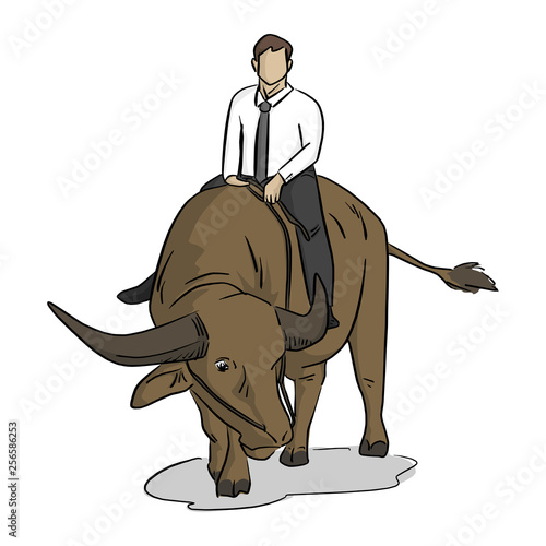 businessman riding buffalo vector illustration with black lines isolated on white background.