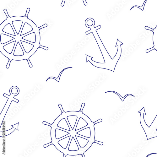 Linear seamless vector pattern of a sea steering wheels,anchors,seagulls. 