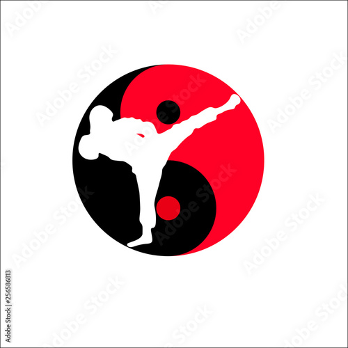 Side cannon kick on the background of the yin-yang symbol.
