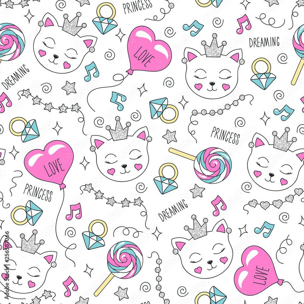 Cute cat pattern on a white background. Colorful trendy seamless pattern. Fashion illustration drawing in modern style for clothes. Drawing for kids clothes, t-shirts, fabrics or packaging.