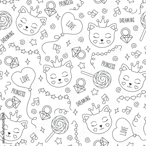 Cute cat pattern on a white background. Black and white abstract outline seamless pattern. Drawing for kids clothes  t-shirts  fabrics or packaging.  Bunny  balloon  note  beads  star  ring.