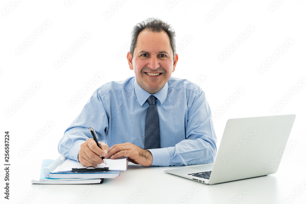 Attractive happy mature caucasian businessman working on laptop computer feeling successful at work Attractive happy mature caucasian businessman working on laptop computer feeling successful at work