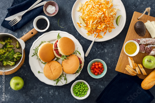 Summer party food top view various food table flat lay photo